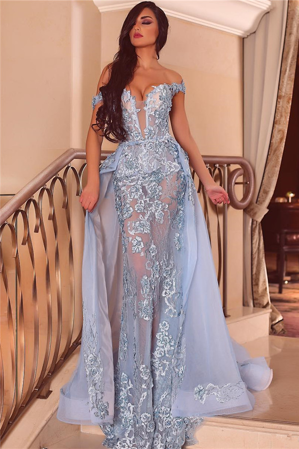 Off the Shoulder Sweetheart Sheer Form-fitting Prom Dresses with Detachable Train