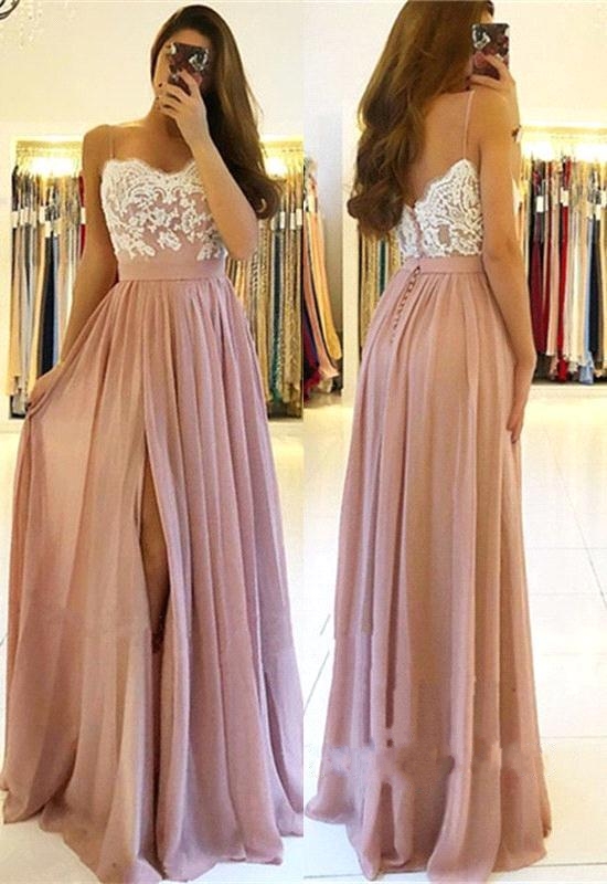 Elegant Side-Slit A-Line Evening Dresses | Spaghetti Straps Lace Appliques Long Prom Dresses