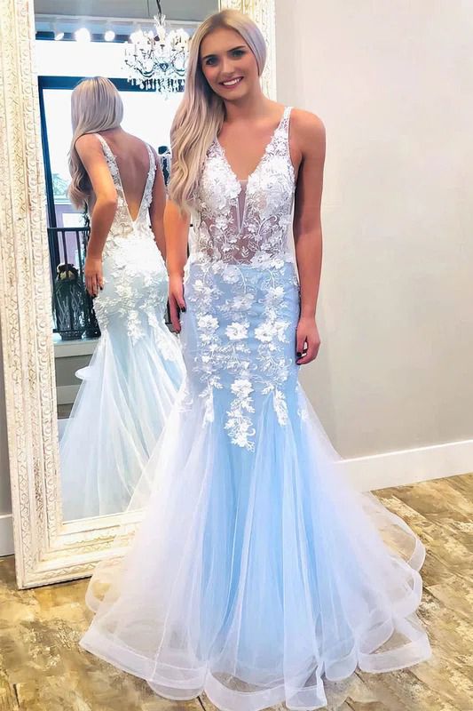 Delicate V-neck Floral Lace Spaghetti Straps Tulle Backless Mermaid Prom Dress
