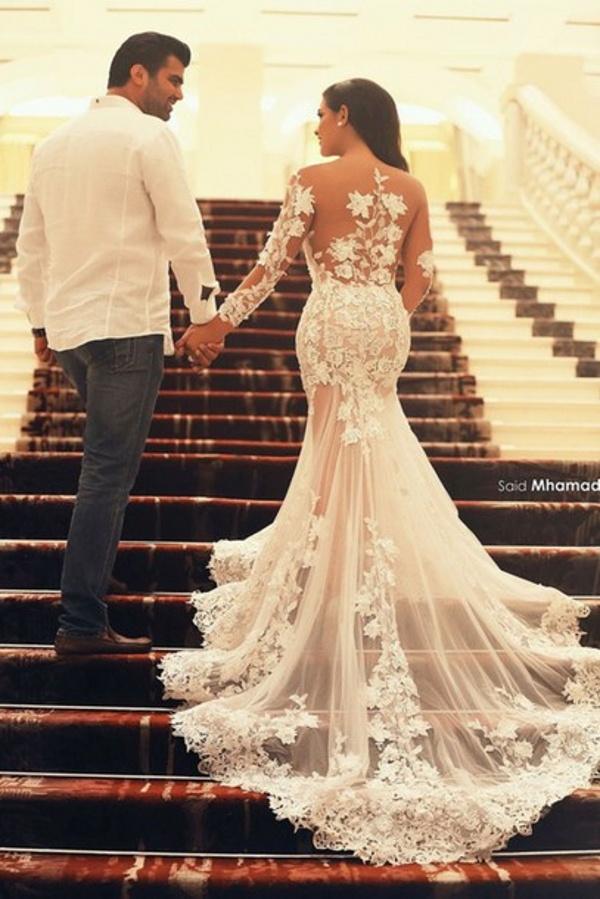 chinese dress ladies Luxury Dubai Saudi Arabic Lace Mermaid Wedding Dress Sexy Illusion Lon –  McManus Family Jewelery main image 0