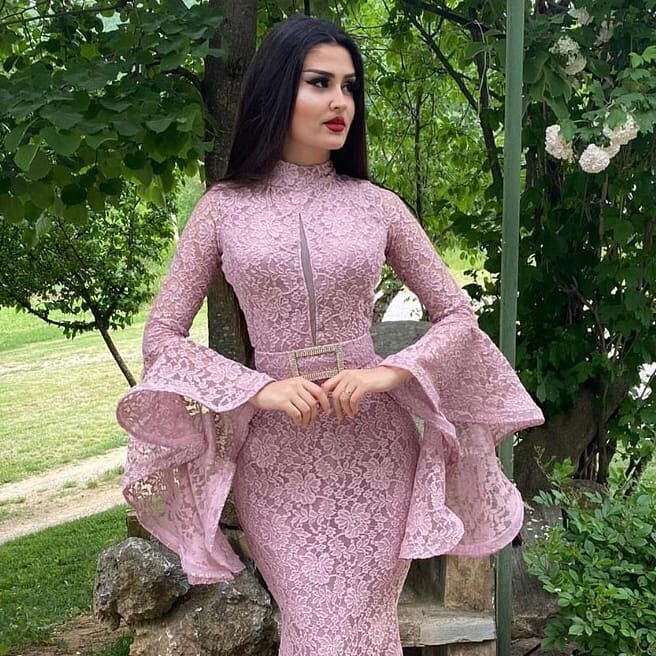 Unique High Neck Long Sleeve Appliques Lace Ruffles Floor-length Mermaid Prom Dress