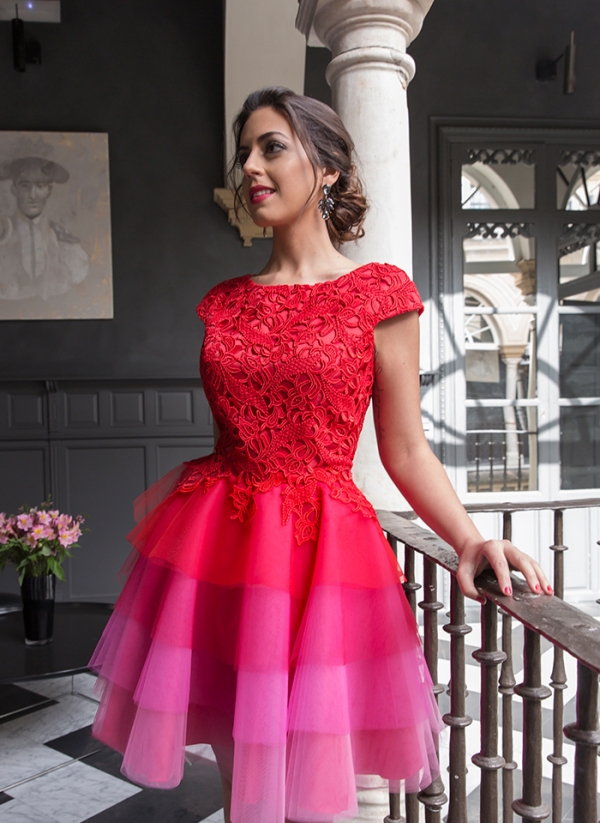Red Homecoming Dresses Lace Top Capped Sleeves Multi Colors Short Cocktail Dress