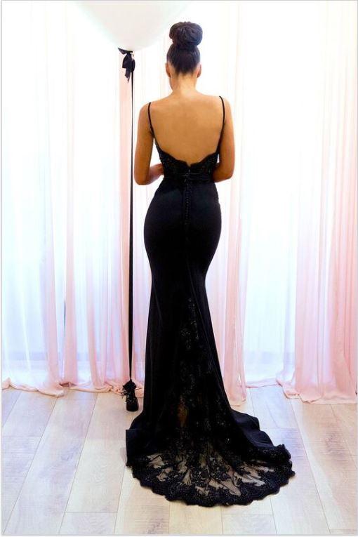 Spaghetti Straps Black Evening Dresses | Spaghettis Straps Backless Bridesmaid Dress
