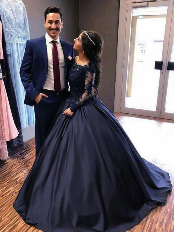 Lace Applique Bateau Long Sleeves Prom Dresses Ball Gown Sexy Evening Dresses with Beads