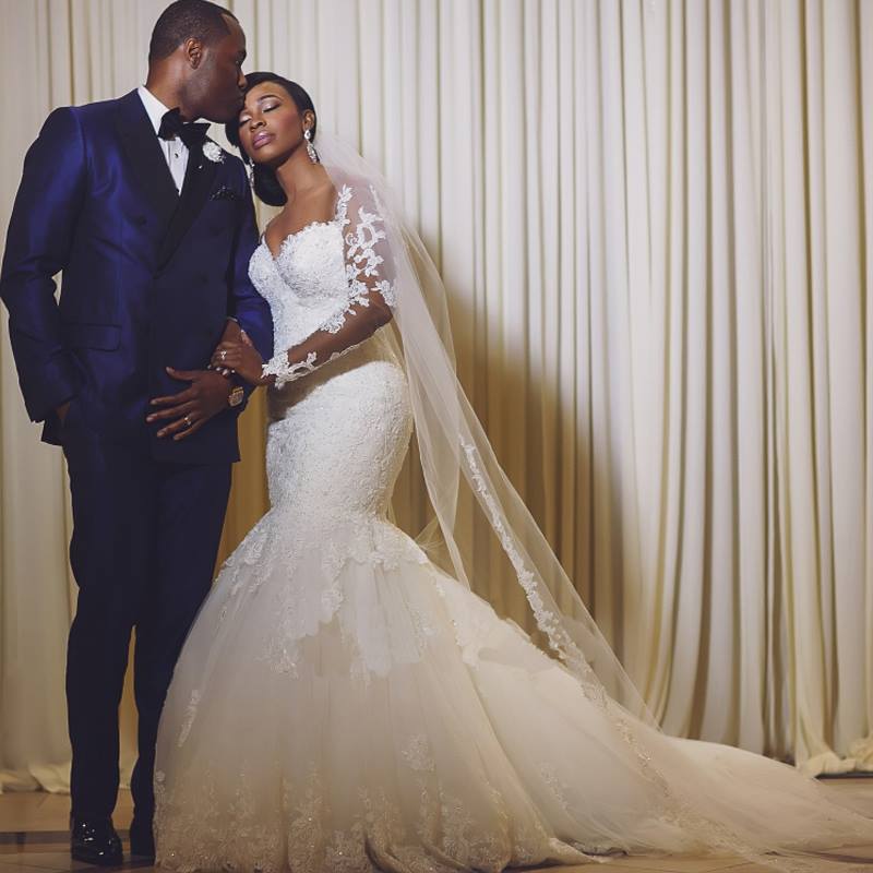 Lace Long Sleeves Fit and Flare Wedding Dresses Beaded Illusion Court Train Sexy Bridal Gowns