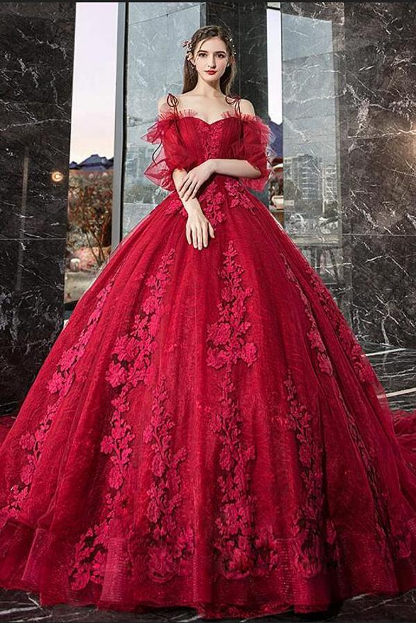 Off-the-shoulder Half Sleeves Tulle Appliques Lace Ball Gown Train Prom Dress