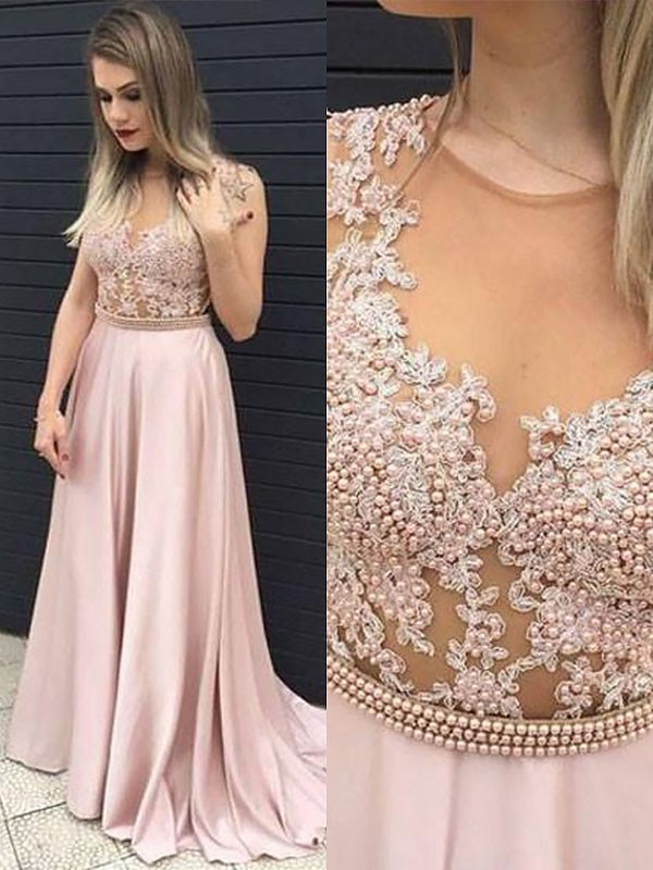 Jewel Beads Applique Prom Dresses Pink Sleeveless Tulle Sexy Evening Dresses Cheap