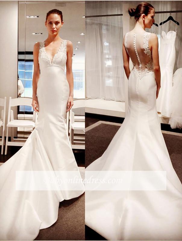 V-Neck Button Zipper Sleeveless Gorgeous Lace Mermaid Wedding Dresses