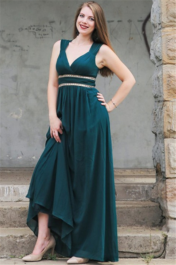 Chic V-Neck Open Back Prom Dresses Sleeveless Sexy Evening Dresses with Belt
