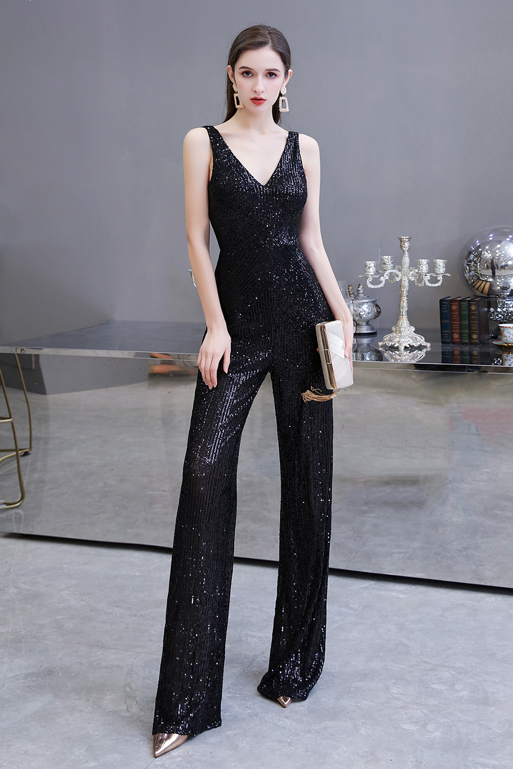 Women's Fashion V-neck Straps Sparkly Sequin Prom Jumpsuit