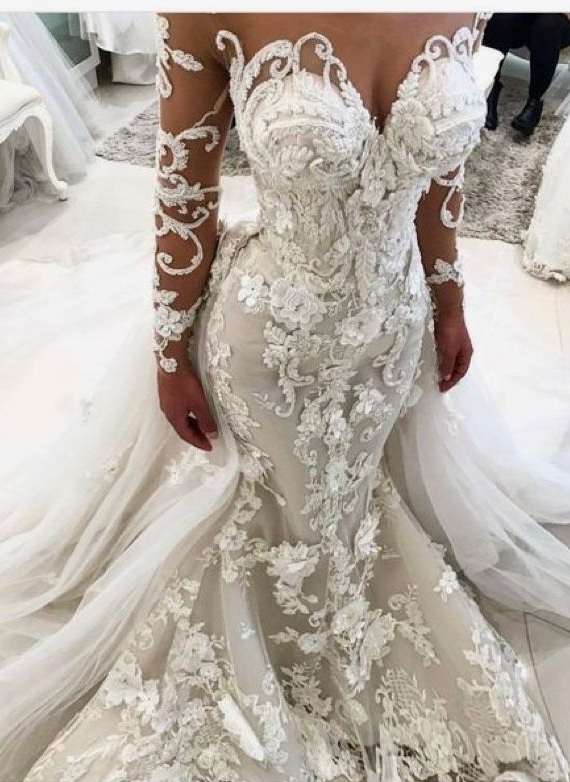 Luxury Floral Appliques Fit and Flare Wedding Dresses | Long Sleeves Bridal Gowns with Detachable Train