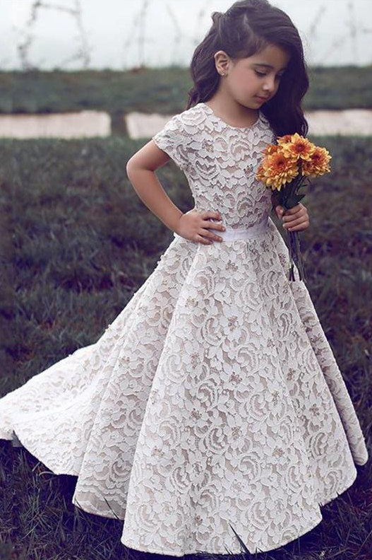 Gorgeous Floor Length Short Sleeves Lace Pageant Dress Flower Girl Dresses