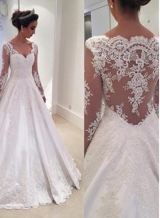 Sheer Long-Sleeves Lace Appliques Elegant A-line Wedding Dresses