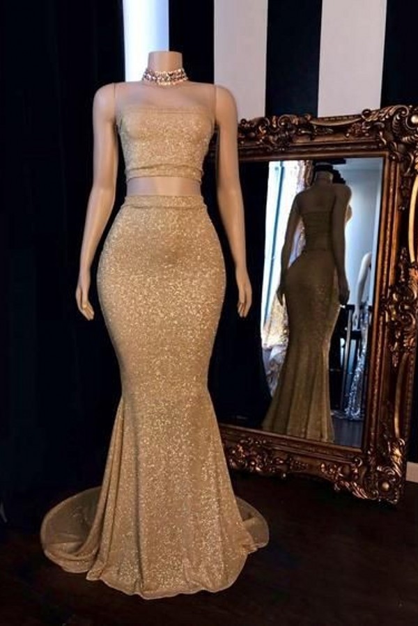 Two Piece Strapless Bodice Long Mermaid Sequin Prom Dresses