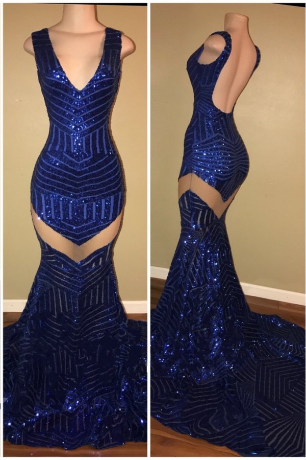 Mermaid Sexy V-neck Backless Sequined Sleeveless Black Prom Dress BA5183