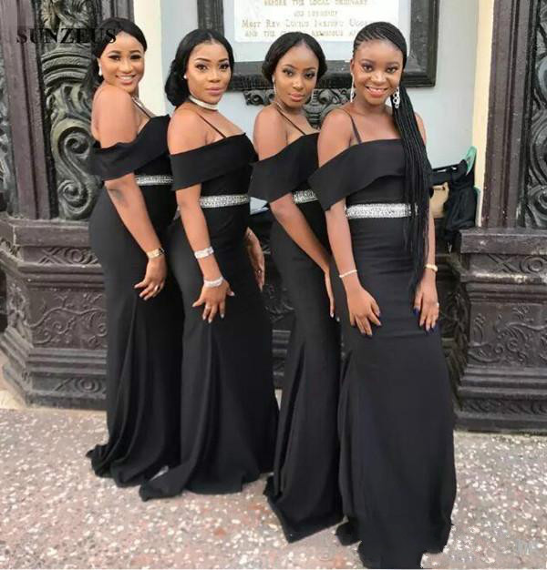 Chic Black Strapless Bridesmaid Dresses | Spaghettis Straps Beading Belt Wedding Party Dress