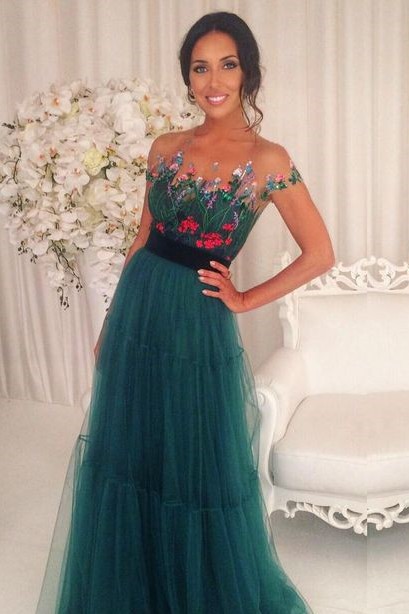 Short-Sleeves Green Appliques Tulle A-Line Prom Dresses 2018