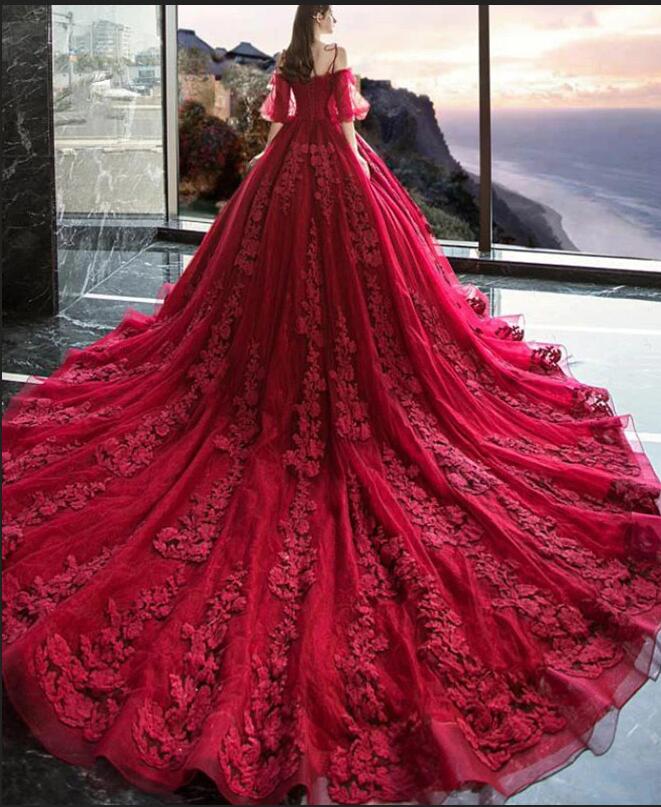 Off-the-shoulder Half Sleeves Tulle Appliques Lace Ball Gown Train Prom Dress