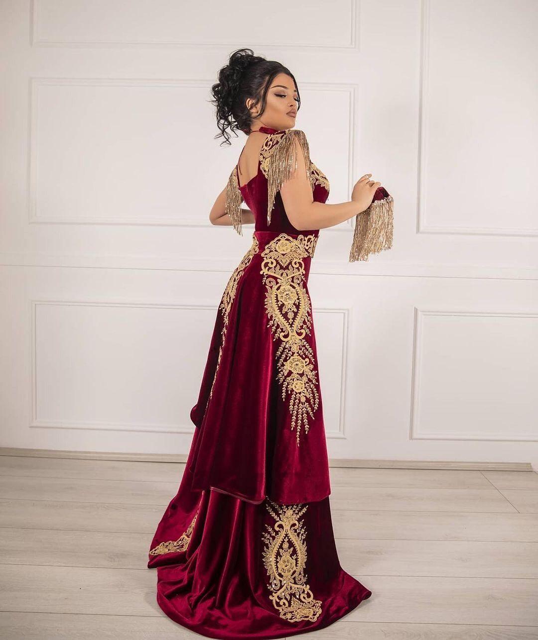 Velvet Tassel Gold Appliques Mermaid Split Prom Dress With Detachable Train