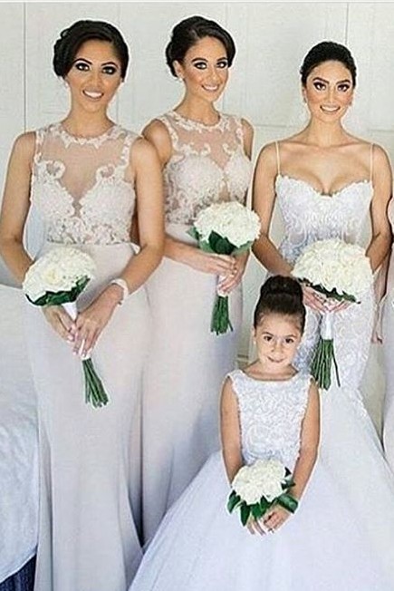 Sheath-Column Scoop-neckline Lace Sweep-train Sleeves Bridesmaid Dress