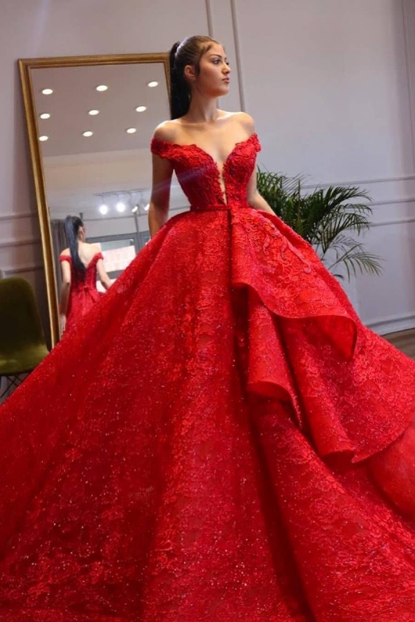 Charming Off-the-shoulder A-Line Appliques Lace Sweetheart Prom Dress With Ruffles