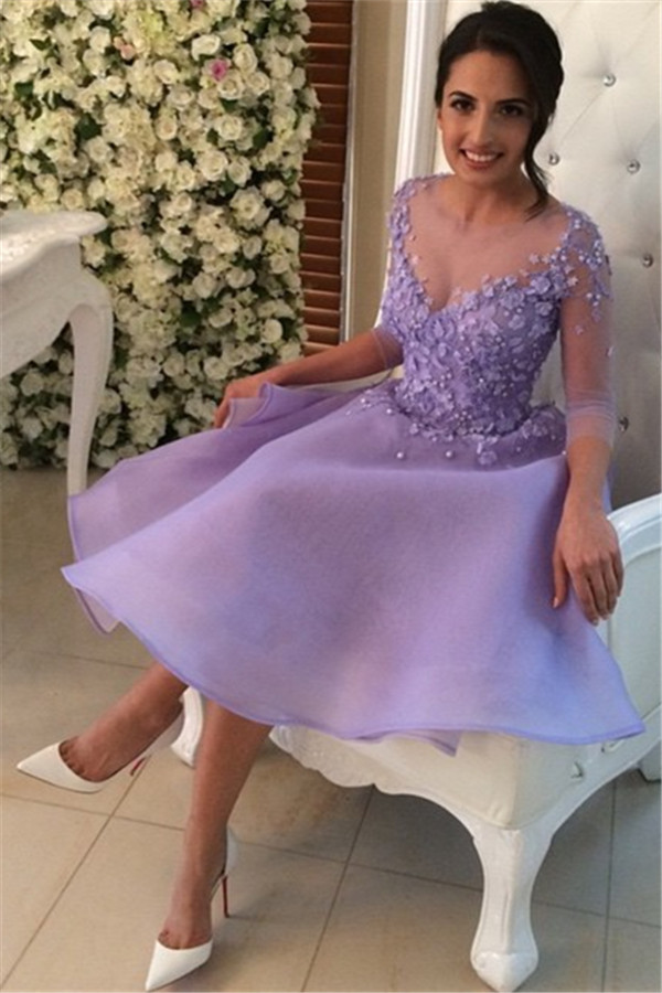 New Arrival Sexy Short Homecoimng Dress Flowers Three Quarter Sleeves Party Dress with Buttons