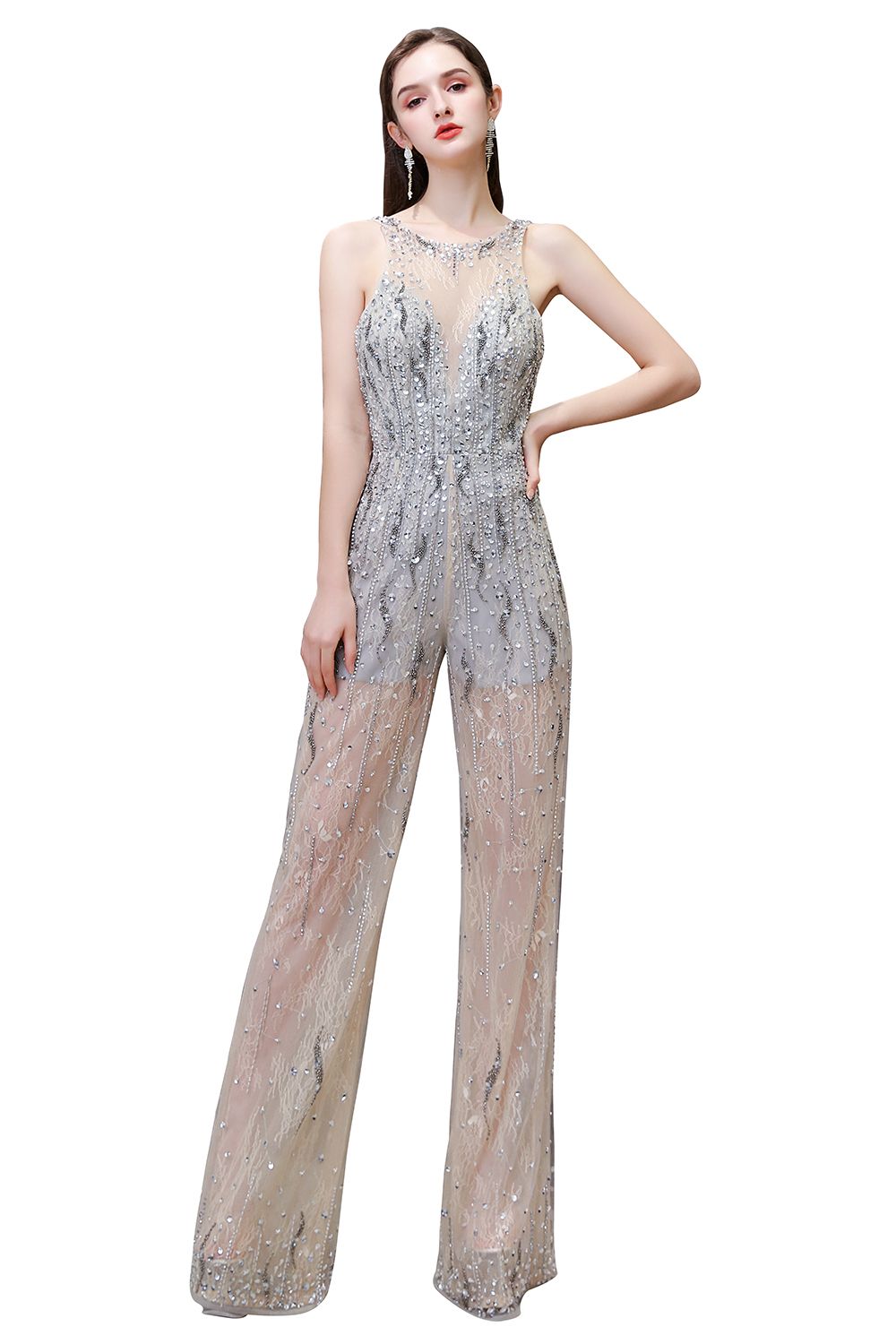 Women's Stylish Round Neck Sleeveless Open Back Beaded Sparkly Prom Jumpsuit