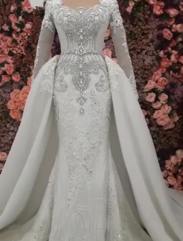 Mermaid Detachable Train Wedding Dresses | Luxury Crystal Bridal Gowns with Sleeves