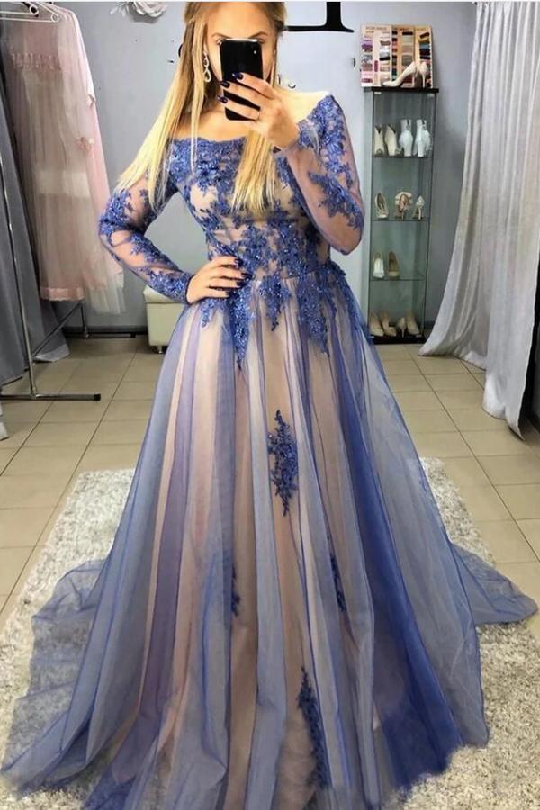 Chic Bateau Long Sleeves Appliques Lace A-Line Tulle Ruffles Evening Dress