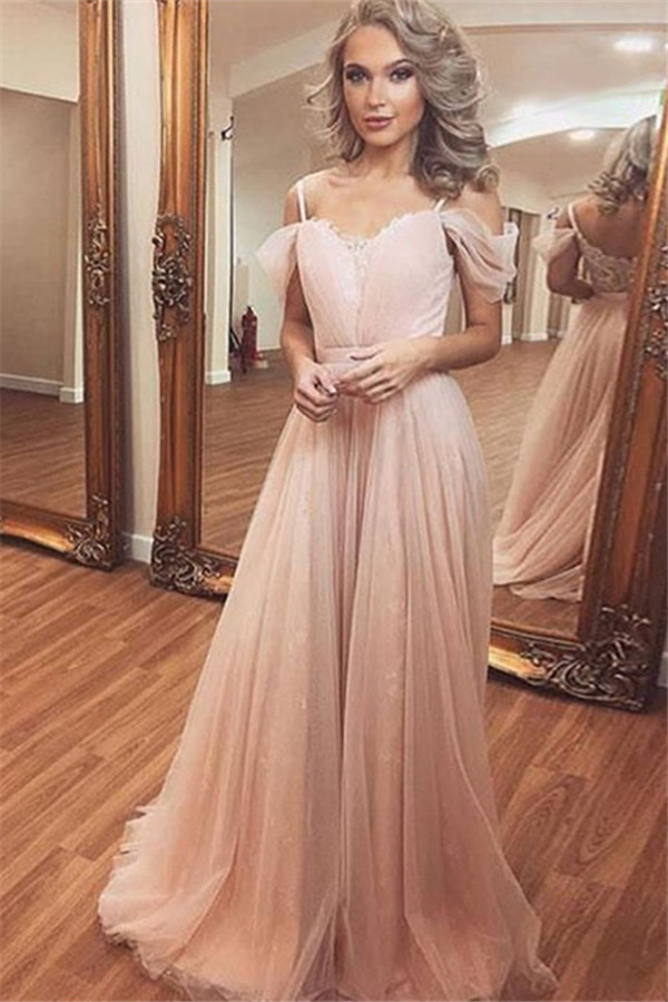 Chic Spaghetti Strap Applique Prom Dresses Lace Sleeveless Sexy Evening Dresses Tulle