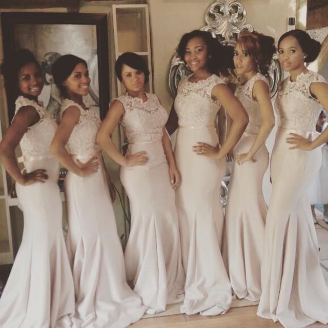 Lace Top Mermaid Bridesmaid Dresses Sleeveless with Sash Long Formal Wedding Party Dresses
