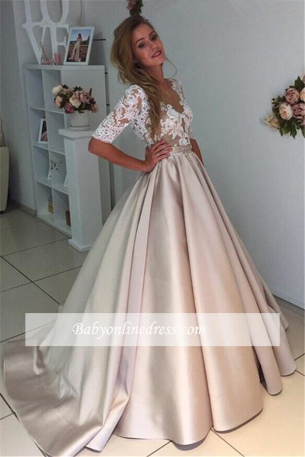 Half-Sleeves A-Line Gorgeous Puff Illusion Appliques Lace Wedding Dresses