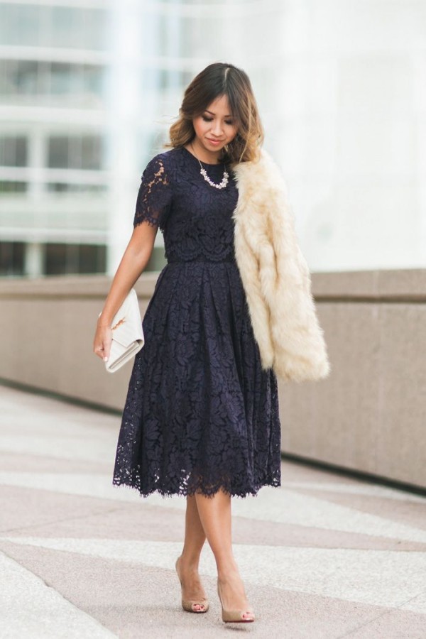 Jewel Short Sleeves Grace Midi Lace Dresses for Wedding Party and Other Event