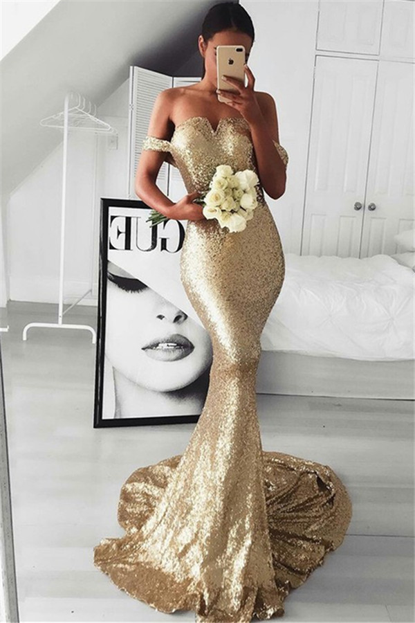 Gold Sequins Off-the-Shoulder Prom Dresses Sleeveless Mermaid Cheap Sexy Evening Dresses