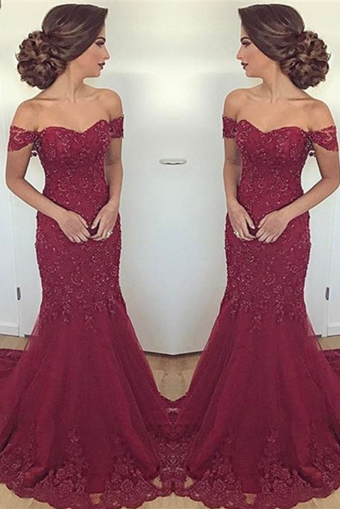 Long Lace Glamorous Appliques Off-the-Shoulder Mermaid Burgundy Evening Dress
