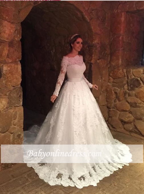 Off-The-Shoulder Elegant Long-Sleeves Lace-Applique A-Line Wedding Dresses