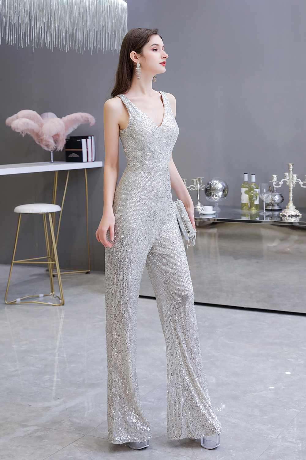 Women's Fashion V-neck Straps Sparkly Sequin Prom Jumpsuit