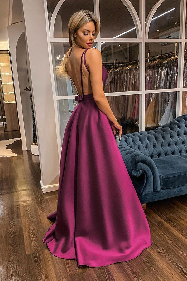 Solid Straps V-neck A-line Long Prom Dresses | Classic Formal Gowns