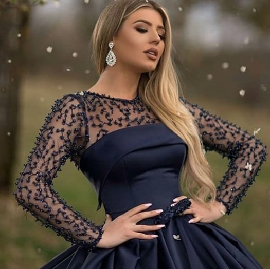 Classy Black A-line Bateau Long Sleeve Pearl Floor-length Ruffles Satin Prom Dress