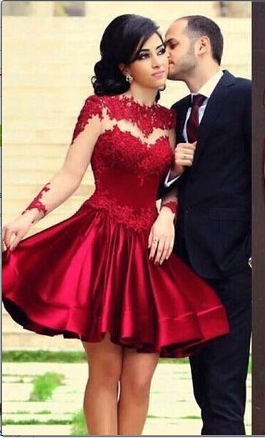 High Neck Long Sleeves Sheer Lace Satin Knee Length Homecoming Dresses