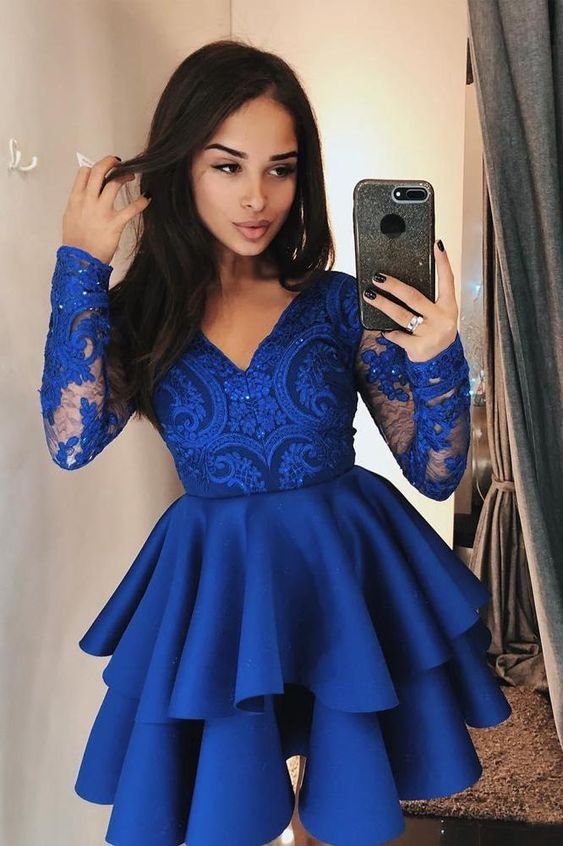 Cute V-neck Long Sleeves Short Party Dress Appliques Lace Ruffles Prom Dress