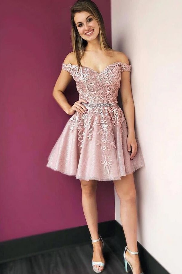 Cute Off-the-shoulder Appliques Lace Tulle Party Dress Short A-Line Prom Dress