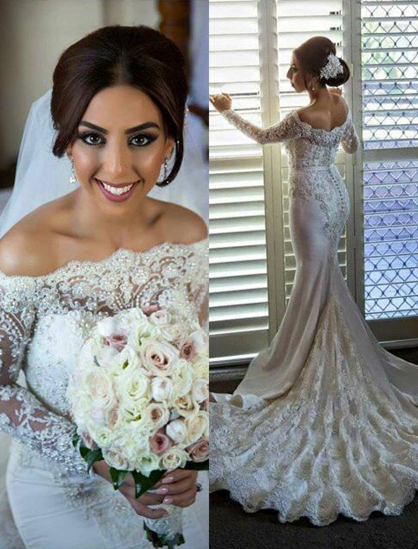 Lace Pearls Beaded Off Shoulder Mermaid Wedding Dresses with Long Sleeves