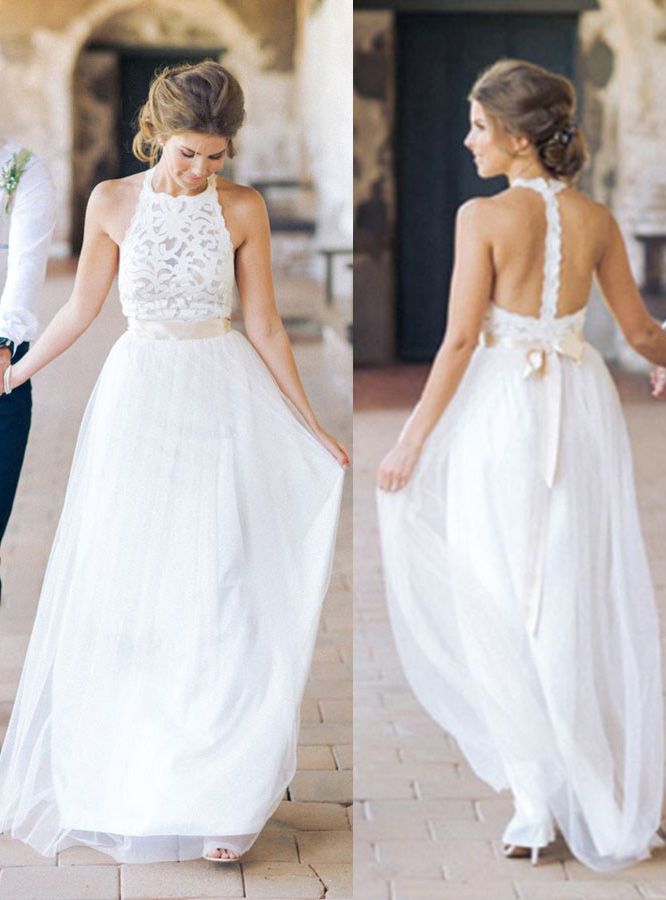 Floor Length Lace Halter A-line Sashes Simple White Wedding Dresses