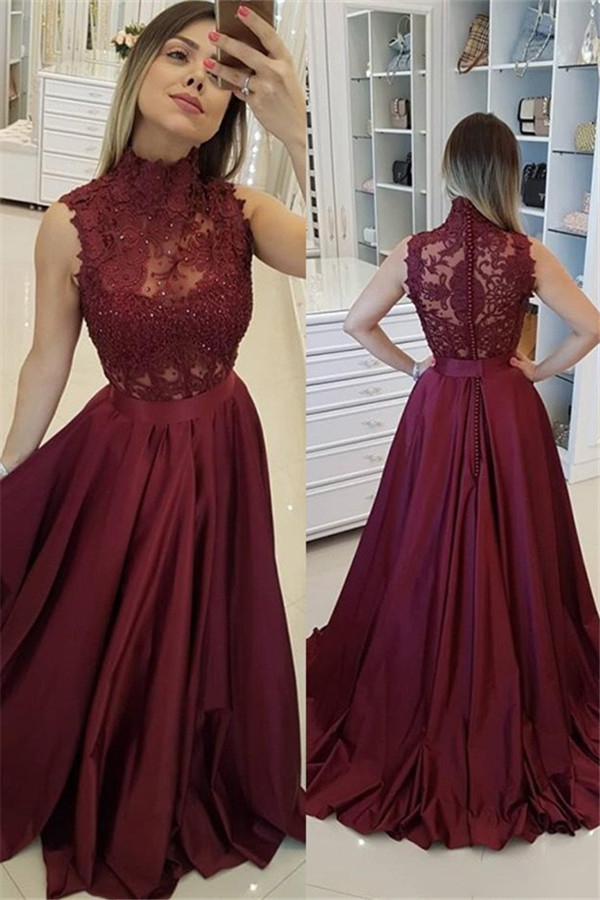 Burgundy High Neck Applique Prom Dresses Sleeveless Beads Sexy Evening Dresses with Belt