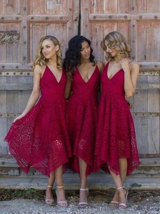 Sleeveless Tea-Length Spaghetti-Strap A-line Lace Bridesmaid Dress
