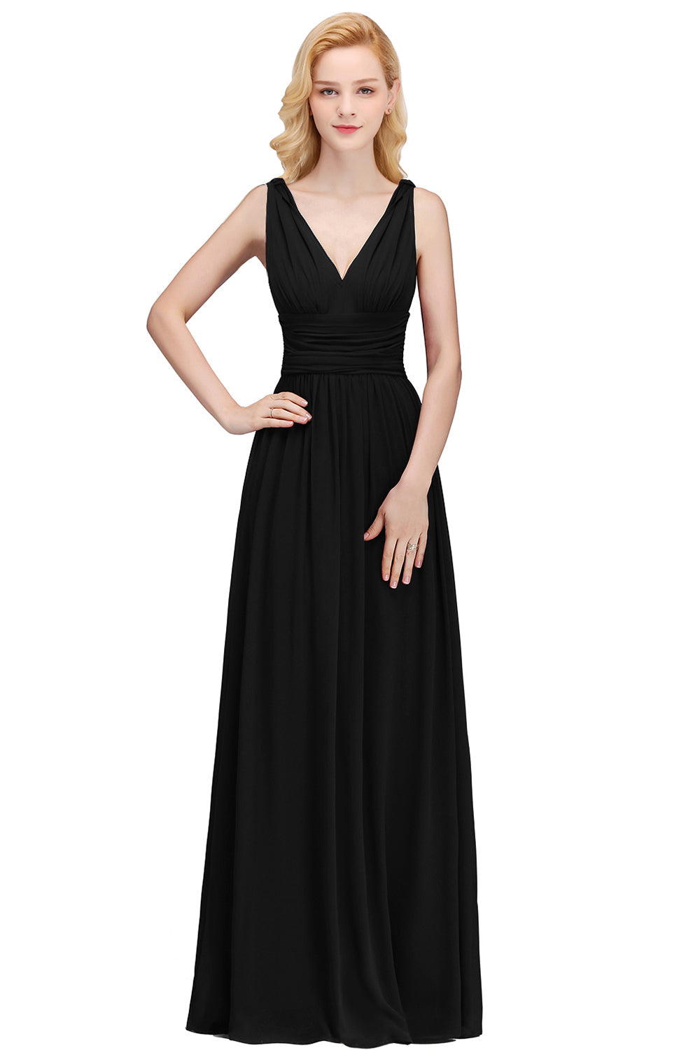 Long Chiffon V Neck Off The Shoulder Ruffle Floor Length Bridesmaid Dress