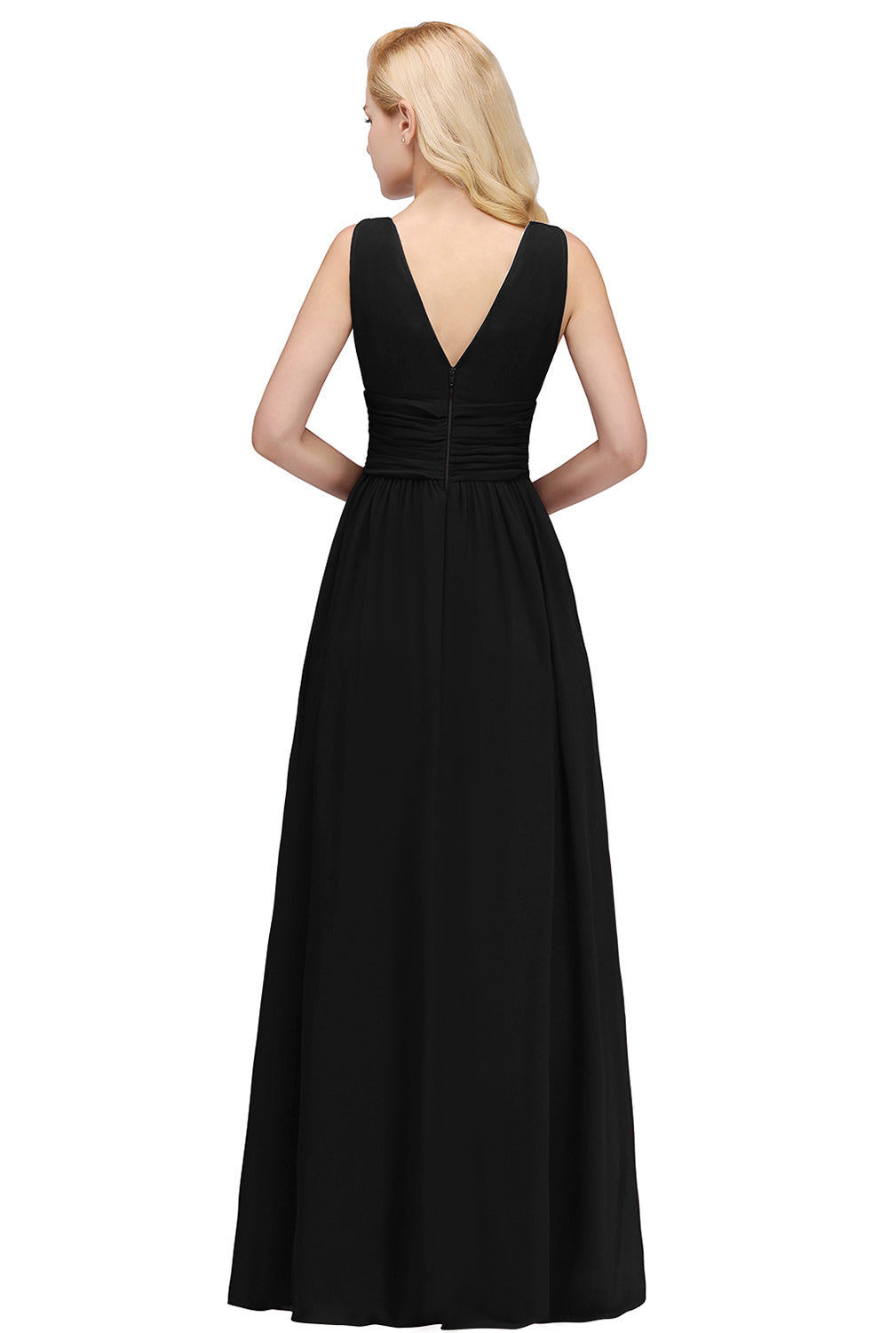 Long Chiffon V Neck Off The Shoulder Ruffle Floor Length Bridesmaid Dress