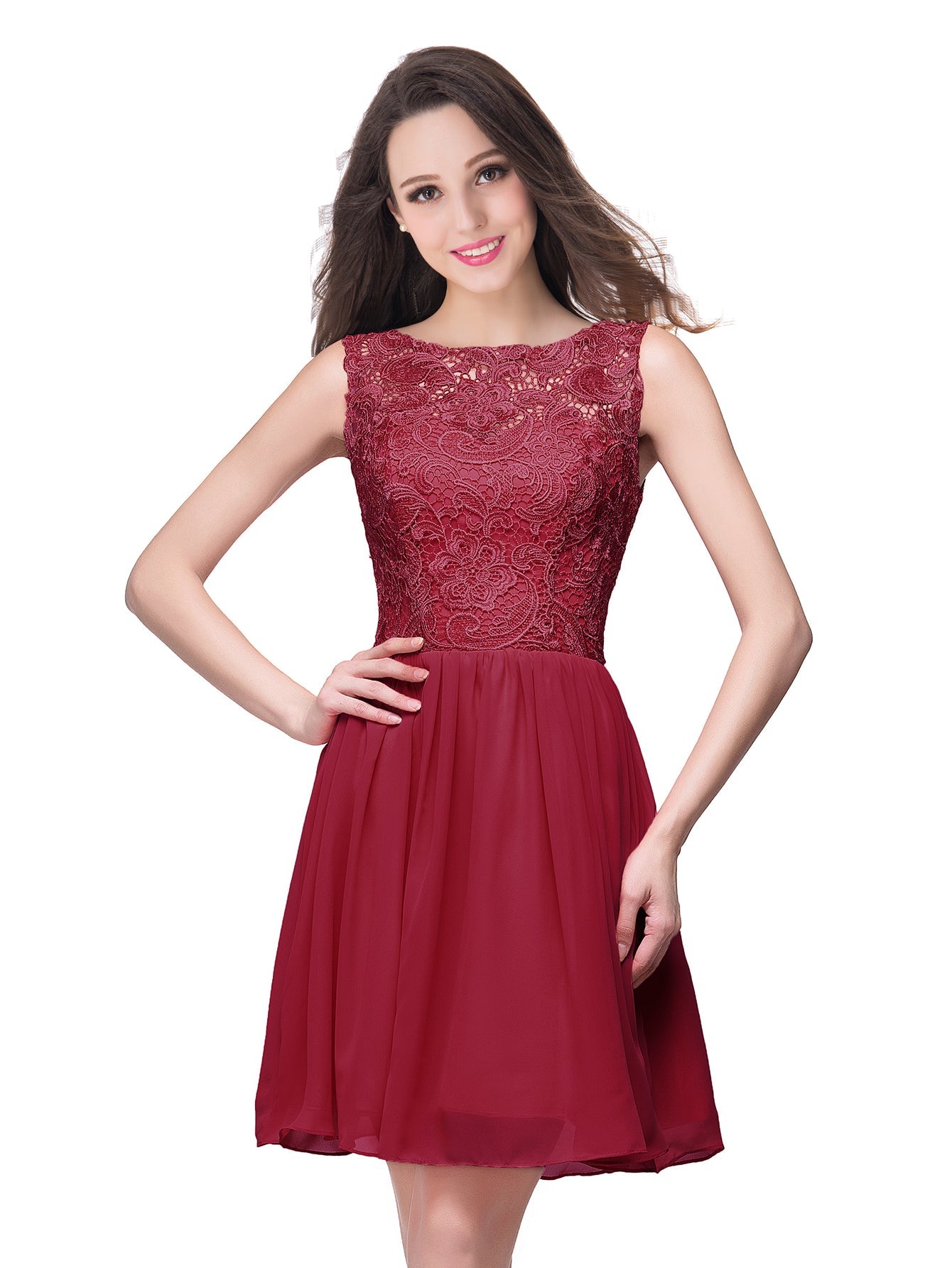 Short A line Lace Sleeveless Chiffon Homecoming Dress