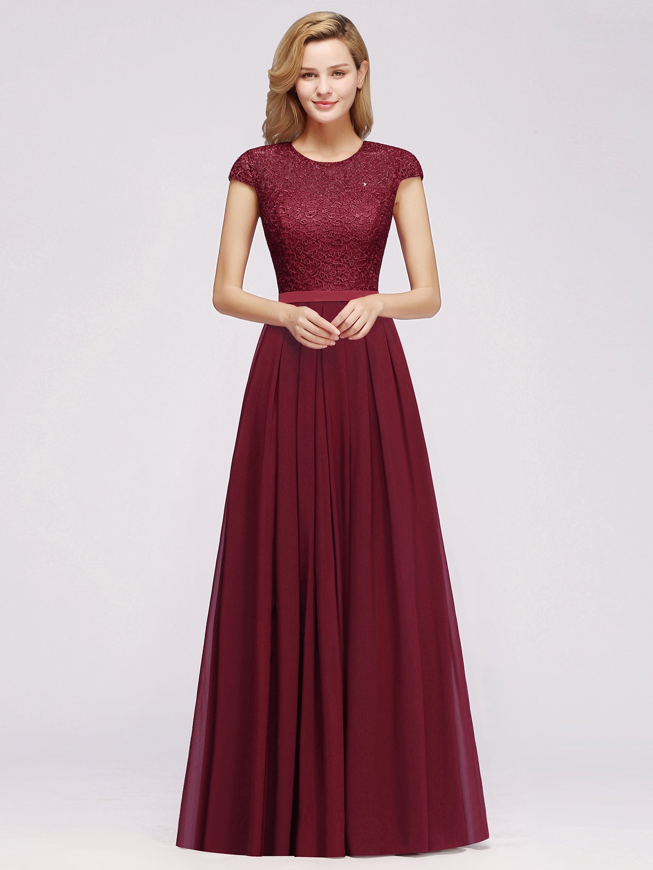 Long A-line Tulle Floral Lace Bridesmaid Dress with Cap Sleeves
